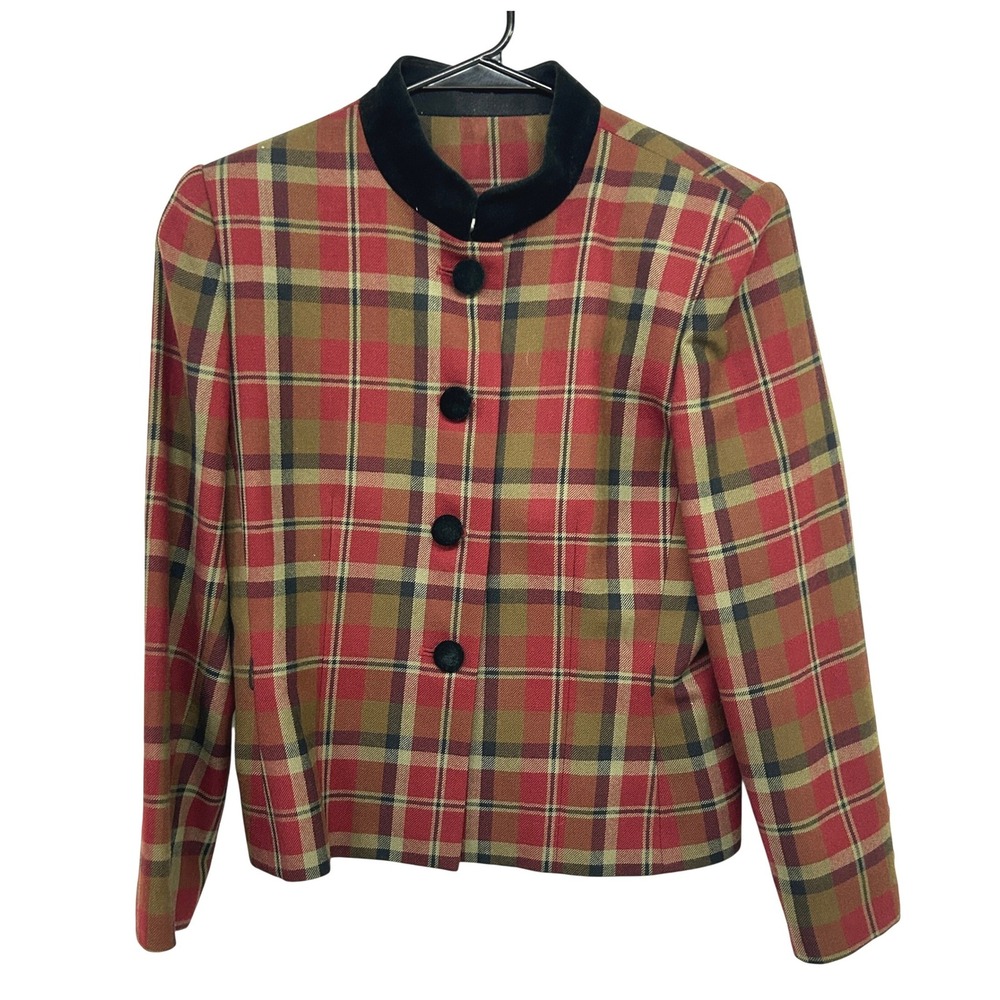Wool Plaid Velvet Collar Blazer 10P Red Academia‎ Equestrian Heritage Jacket